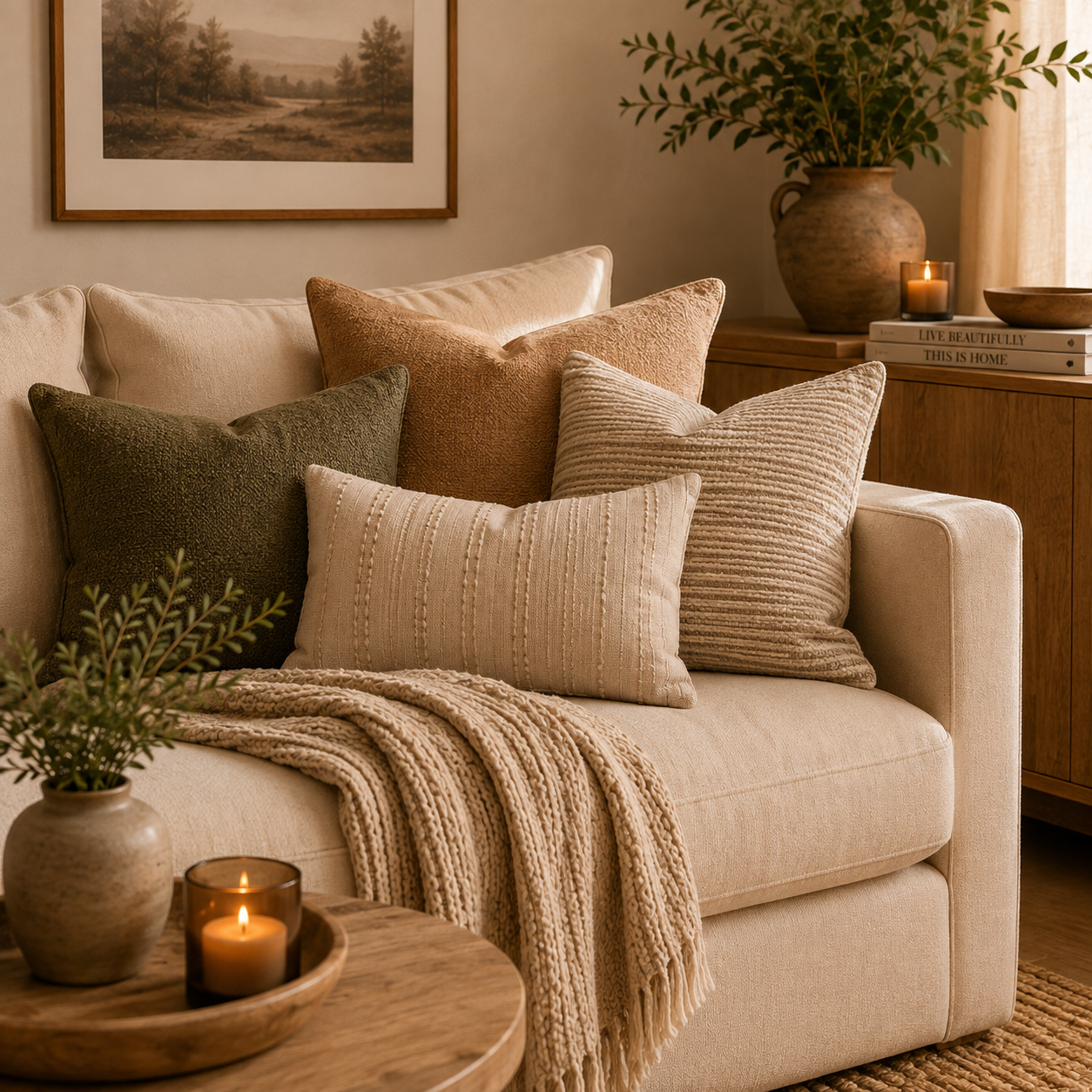 A cozy living room corner with a beige sofa decorated with various textured throw pillows in earth tones. A knit blanket drapes over the sofa. Next to it, a wooden sideboard holds a large vase with greenery, a lit candle, and a stack of books.