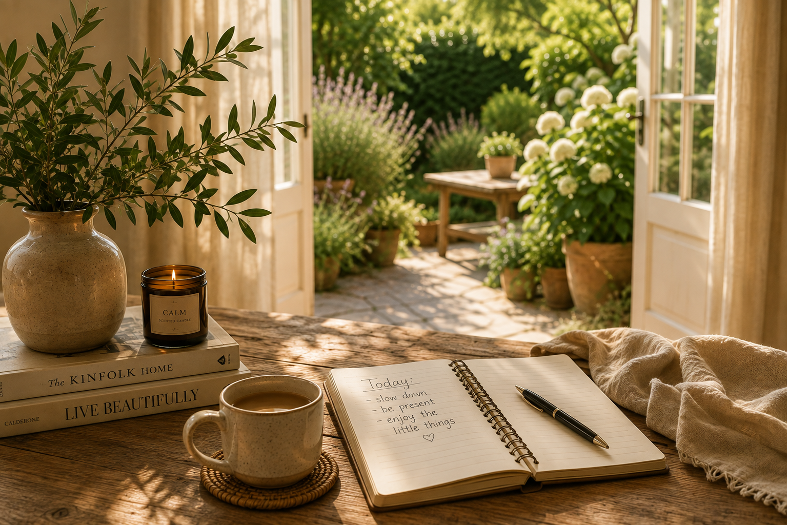 A cozy indoor scene with a rustic wooden table near open glass doors leading to a lush garden. The table has a cup of coffee, a notebook with handwritten notes, a pen, a lit candle labeled "Calm," a stack of books including "The Kinfolk Home," and a large potted plant. Outside, there are potted flowering plants and greenery in sunlight.