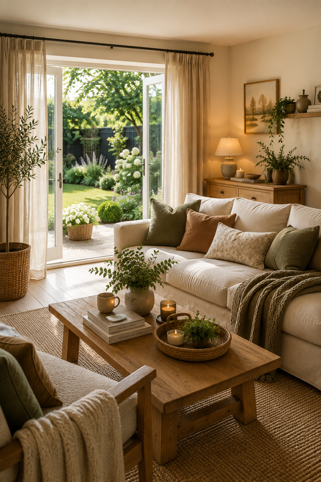 Living room with beige sofa, colorful pillows, wooden coffee table, and open glass doors leading to a lush garden with greenery and white flowers.
