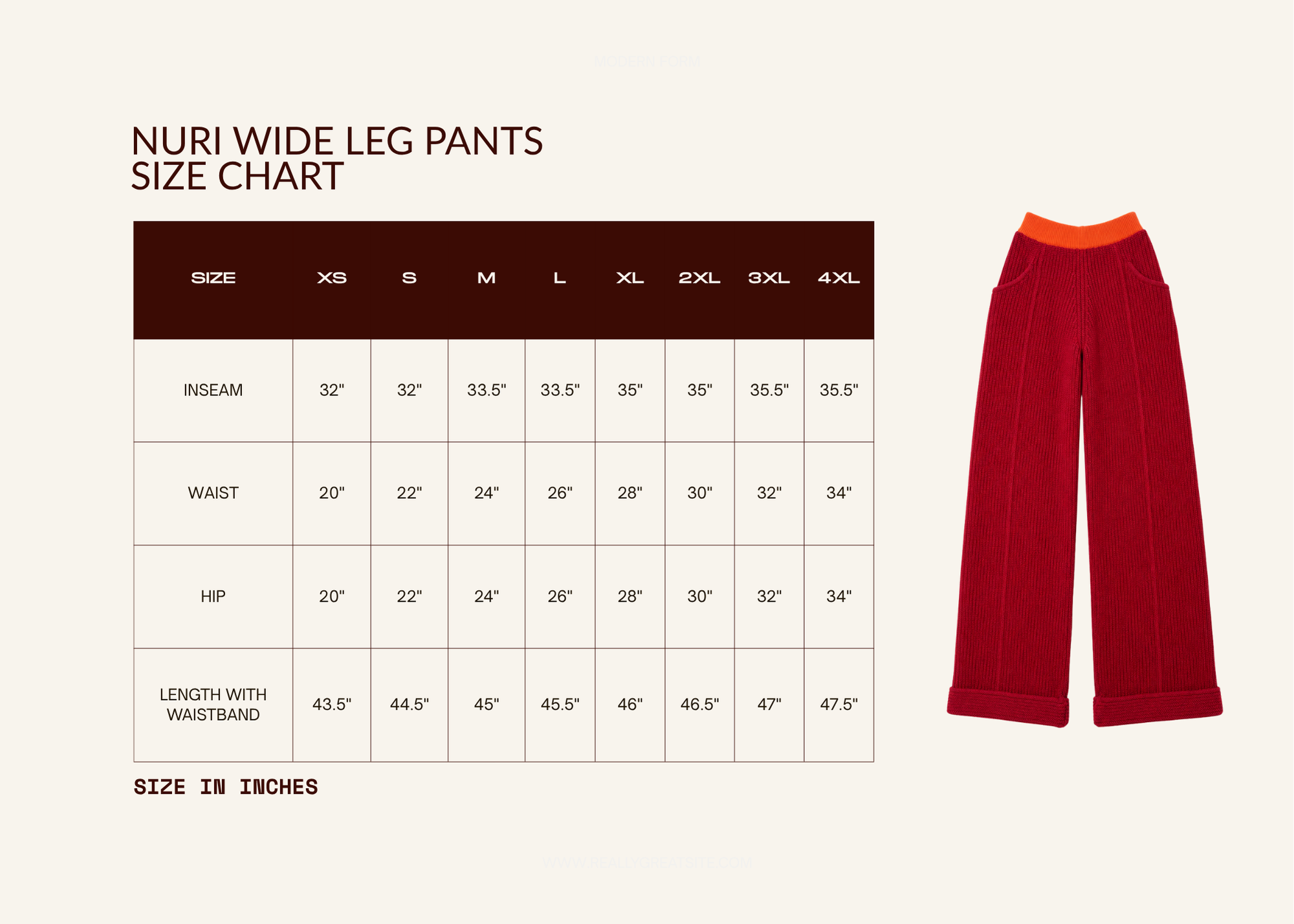 Size chart for Nuri Wide Leg Pants with measurements for sizes XS to 4XL, including inseam, waist, hip, and length with waistband, alongside a pair of red wide leg pants with an orange waistband.