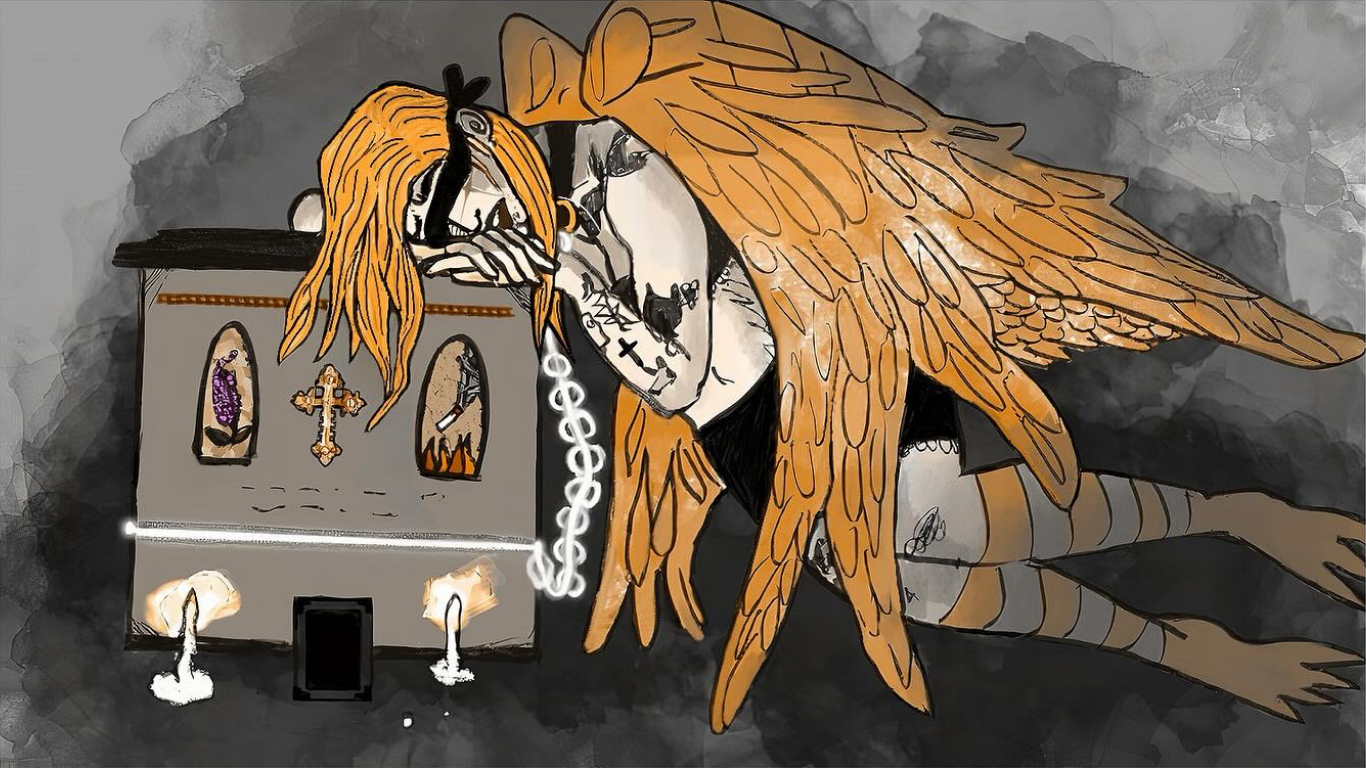 A sad cartoon character with orange hair and wings, leaning against a small altar with religious symbols, in a dark atmosphere.
