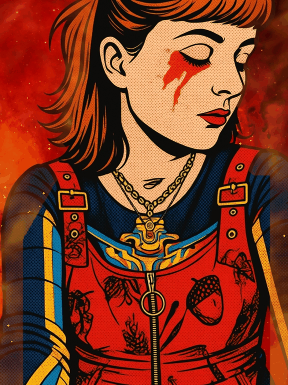 A female comic-style character with closed eyes, red hair, and a tear streaked face. She wears a blue top with red overalls, layered necklaces, and a large tiger pendant. The background is fiery red and orange.