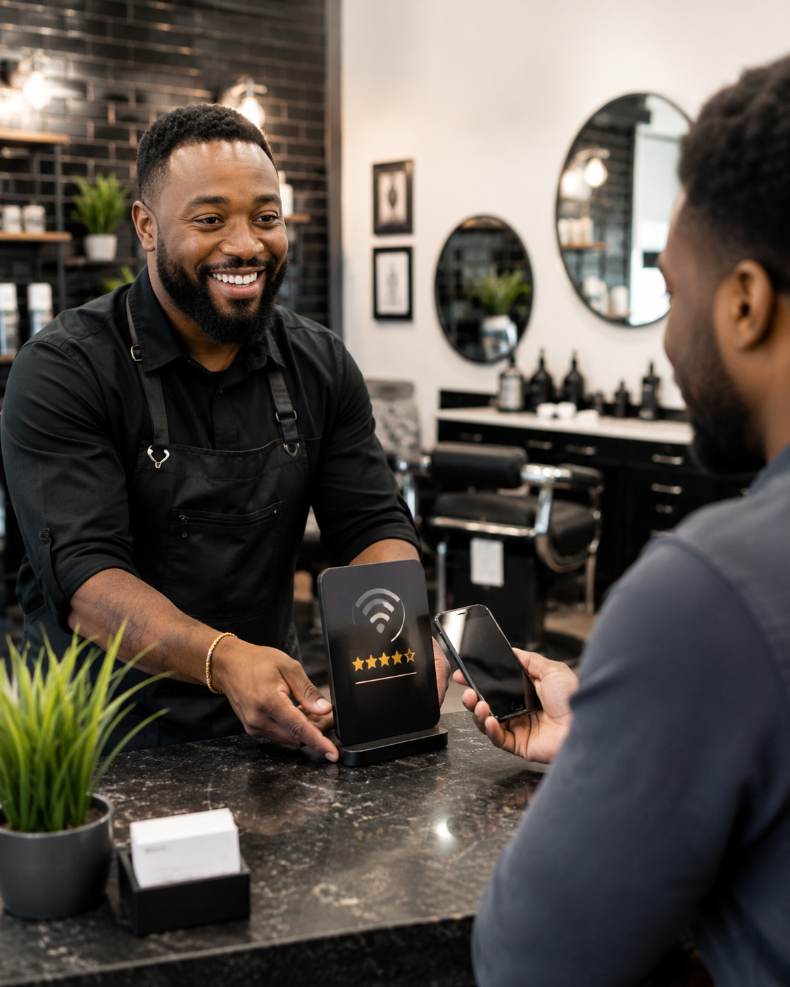 Barber helping a customer use a smartphone to leave a Google review at a barbershop.