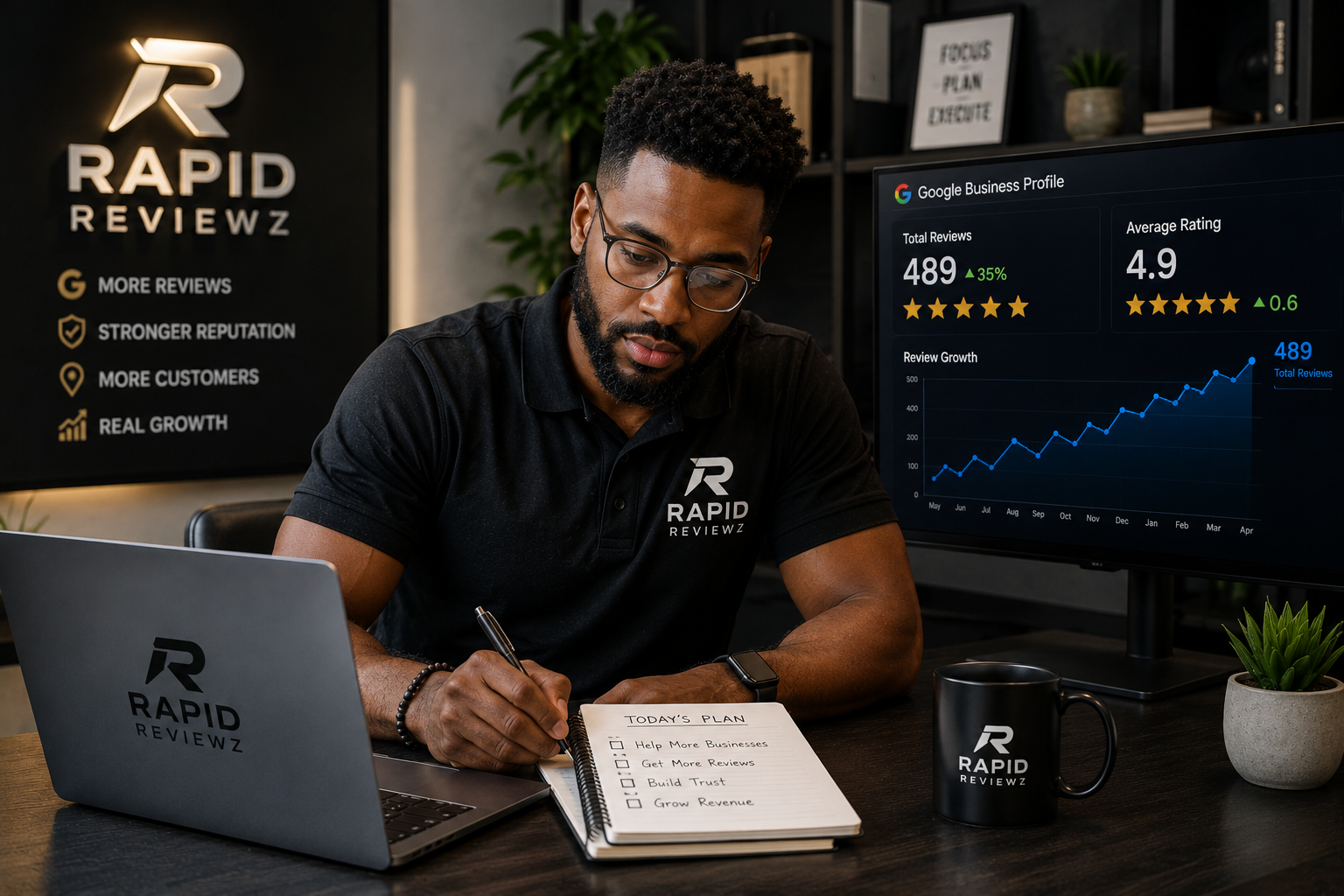 Man working at a desk with a laptop, notebook, and coffee mug, reviewing business growth data on a large screen, with a logo for Rapid Reviewz on shirt, mug, and wall.