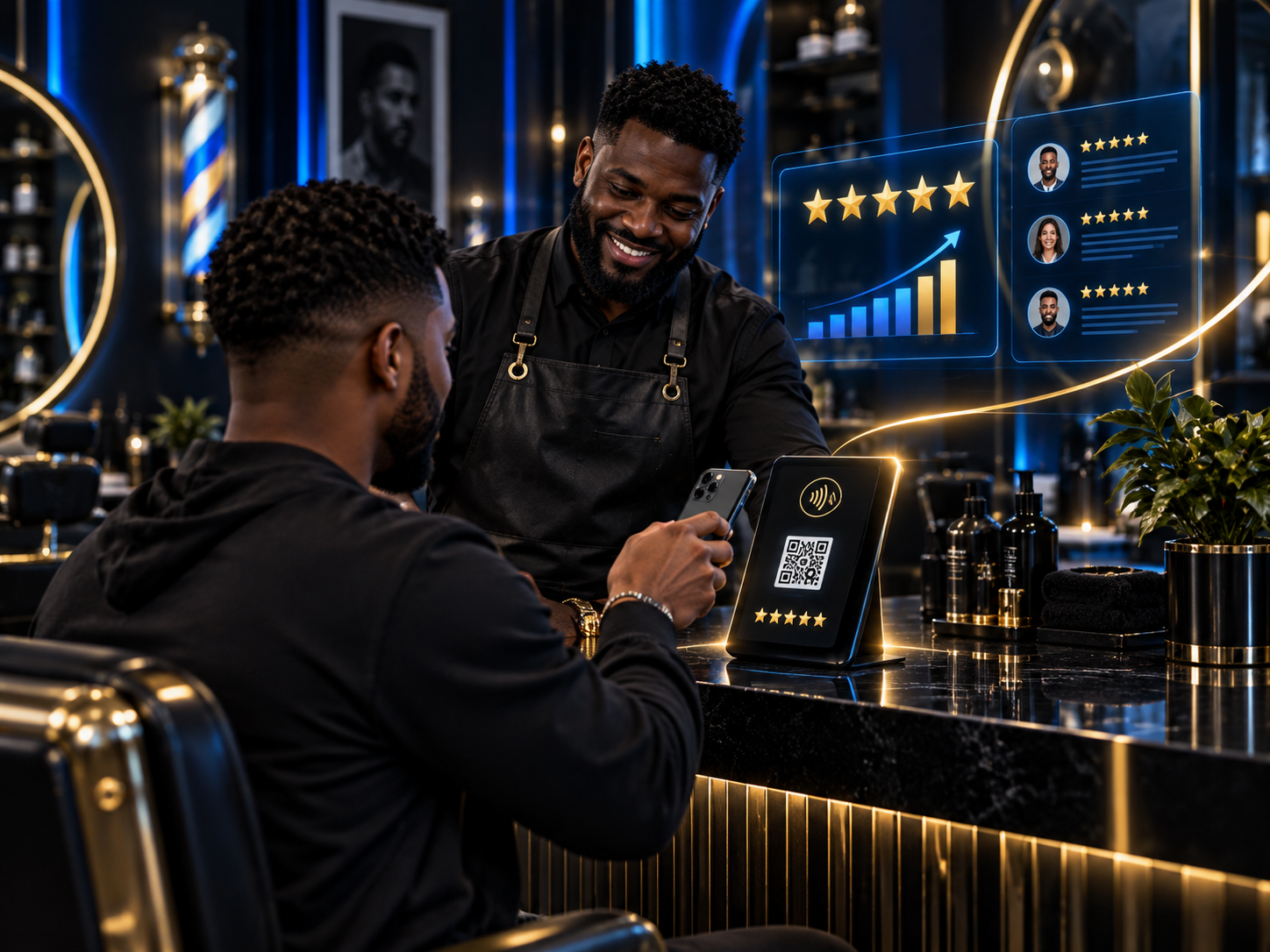 A customer is scanning a QR code at a bar counter while a bartender looks on, with digital review and rating graphics floating above.