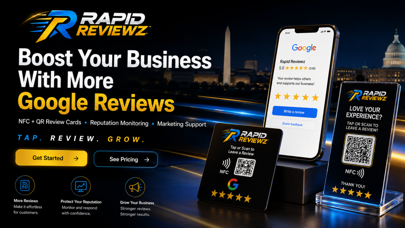 Rapid Reviewz Google Review Tap Stand and smartphone promoting easy customer review collection.