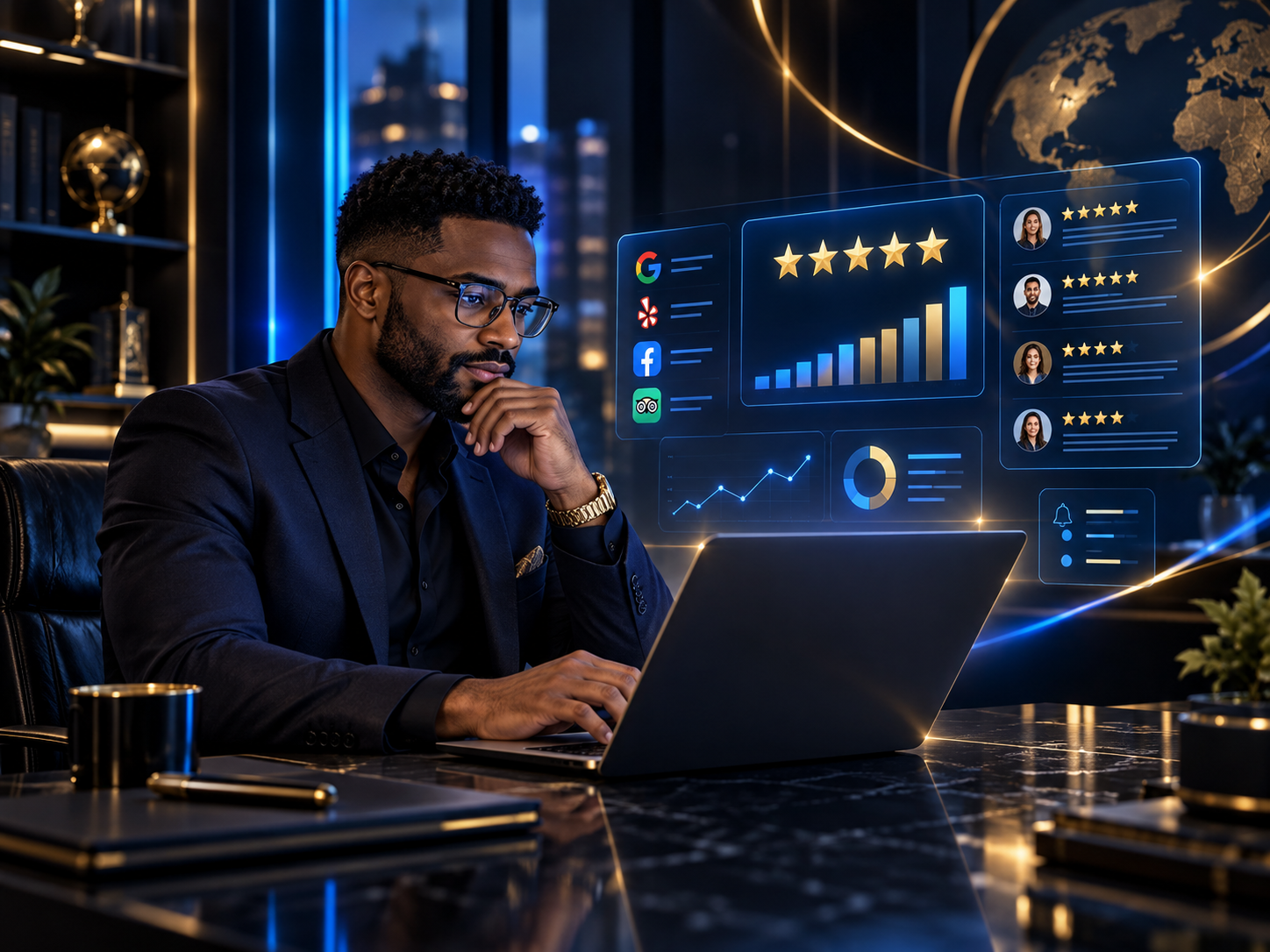A businessman in a suit, sitting at a desk with a laptop, with transparent digital graphs and icons related to analytics, reviews, and social media floating in front of him, with a city view in the background.