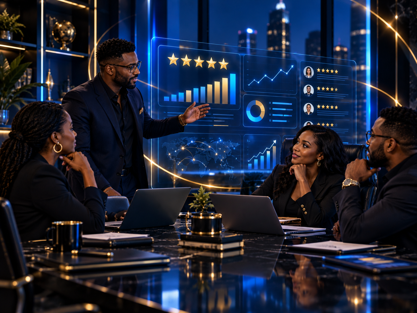 Business professionals in a conference room engaged in a presentation with digital data visualizations on holographic screens, in a high-rise city setting.