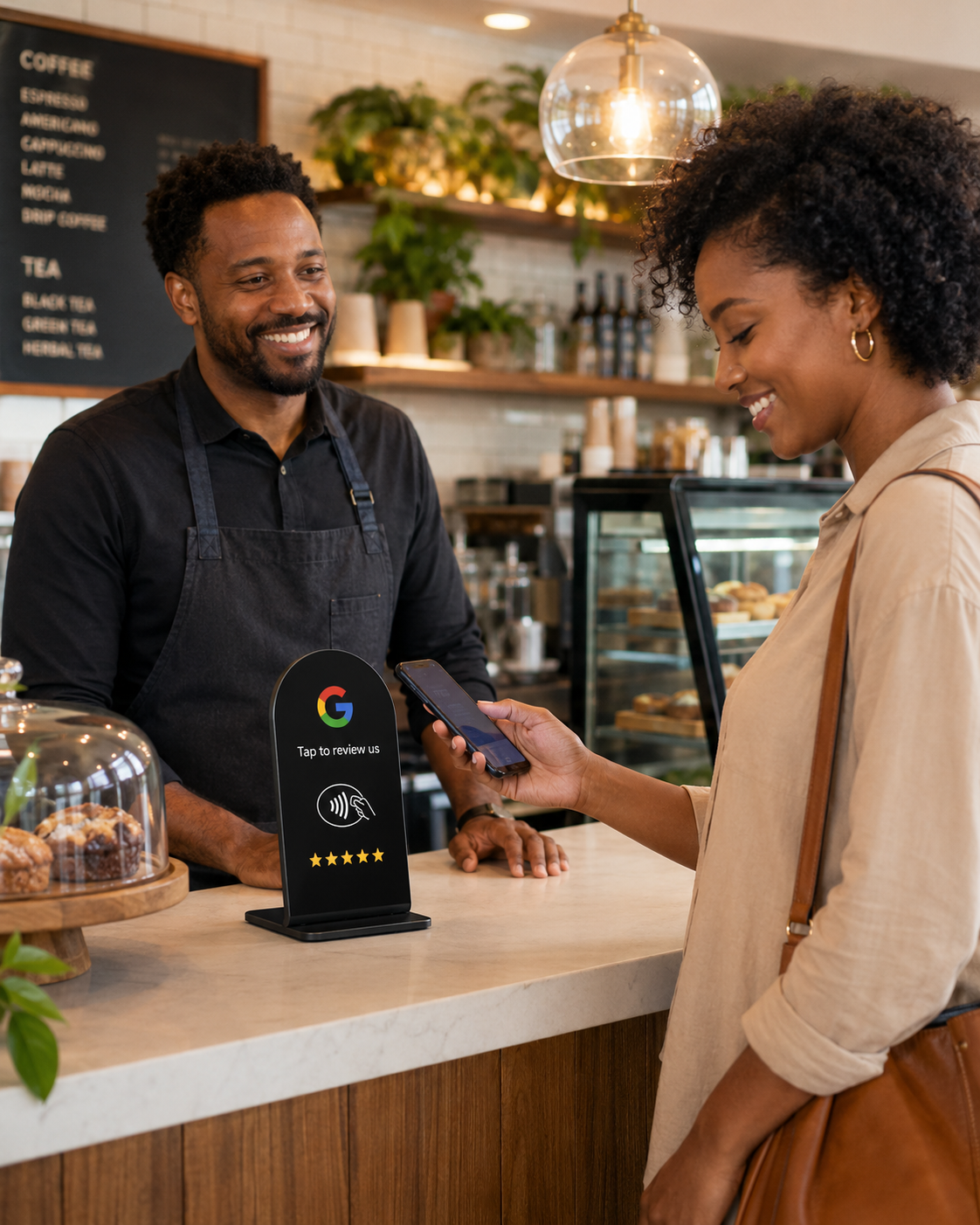 Customer using a smartphone to leave a Google review at a local bakery counter.