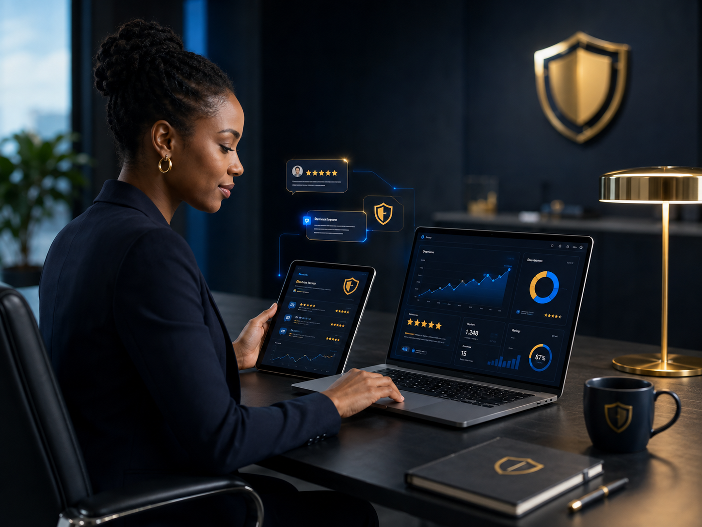 A woman in a dark blazer working on a laptop and tablet with security and analytics dashboards displayed, in an office with a gold shield emblem and desk lamp.