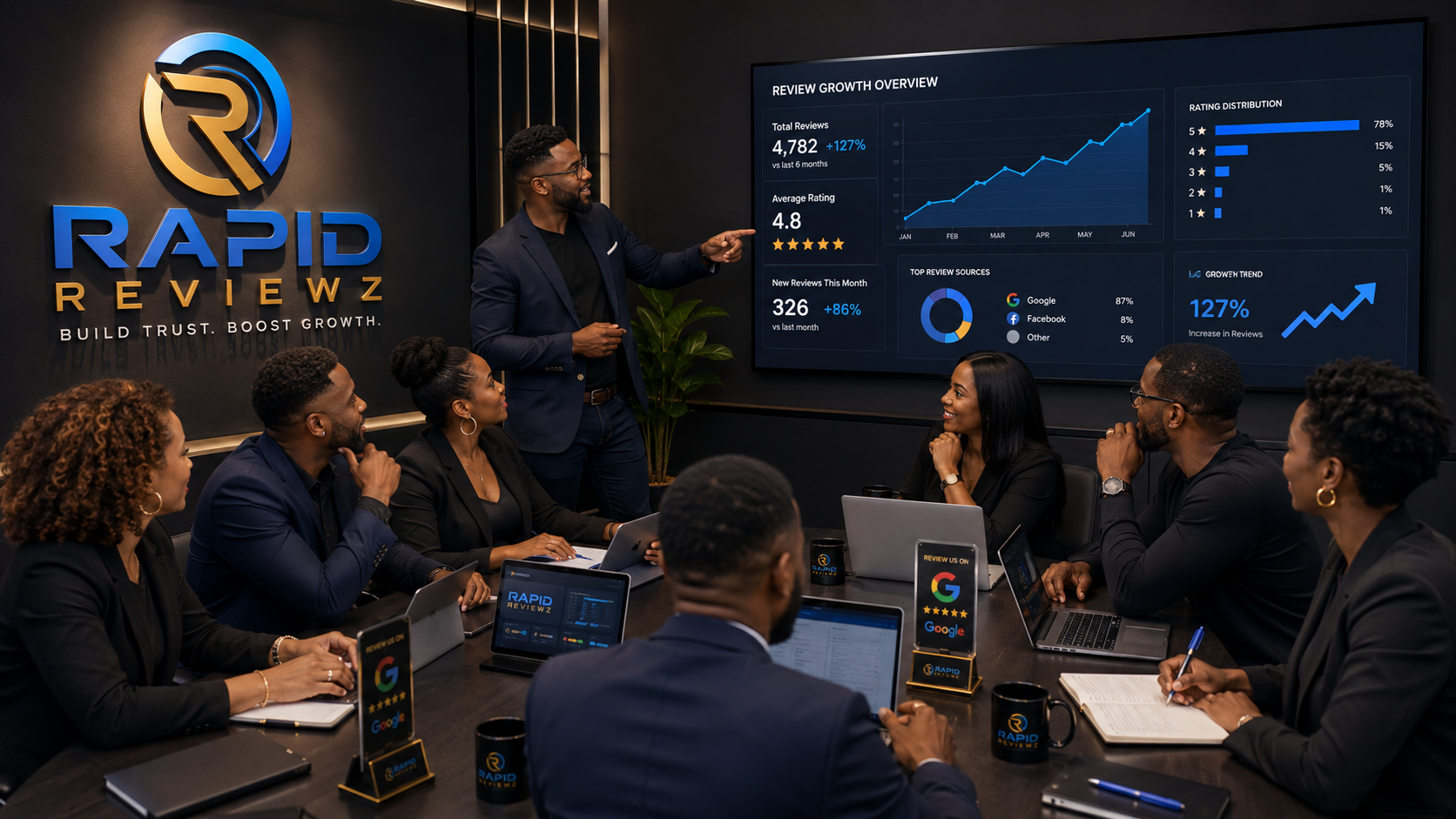 Rapid Reviewz team reviewing reputation analytics and business performance during a strategy meeting.