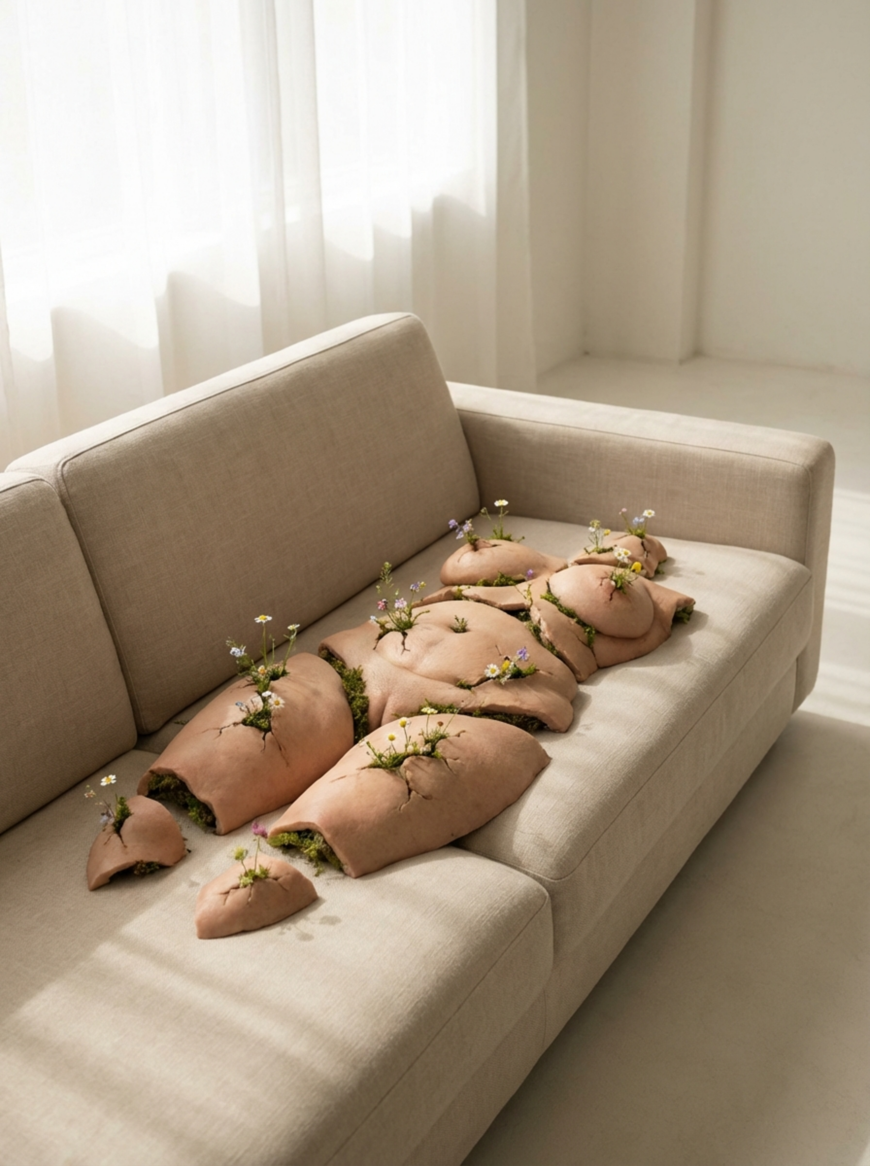 A beige couch with a row of cracked, earth-colored clay or stone sculptures that resemble large, irregularly shaped rocks or stones. Small flowers and greenery are growing out of the cracks and crevices of the sculptures. The background shows soft, sheer white curtains allowing natural light to filter into the room.