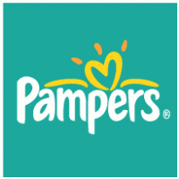 Pampers logo with a yellow heart and sunburst design on a teal background.