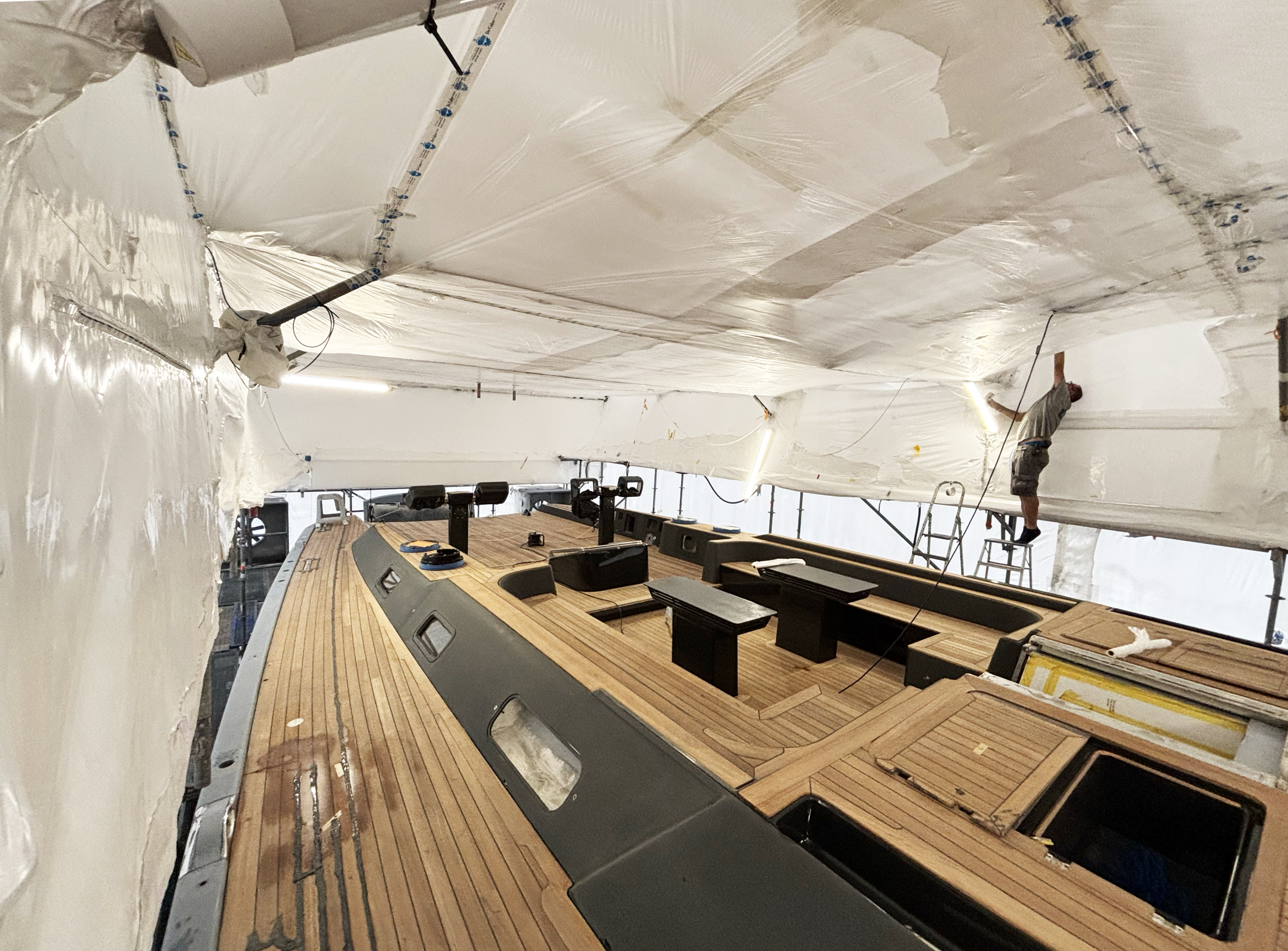 Superyacht in a tent getting work completed on it