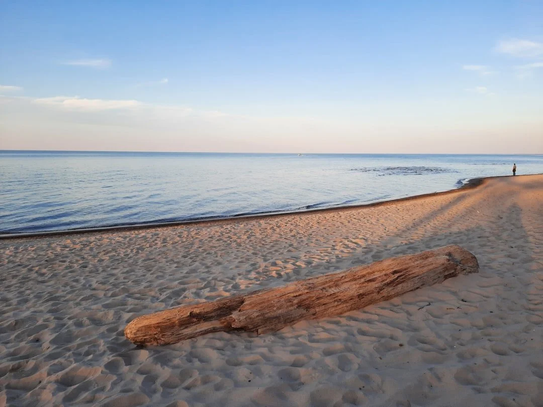 A sandy beach with a large piece of driftwood, calm ocean water, and a person standing near the shoreline under a blue sky with some clouds.