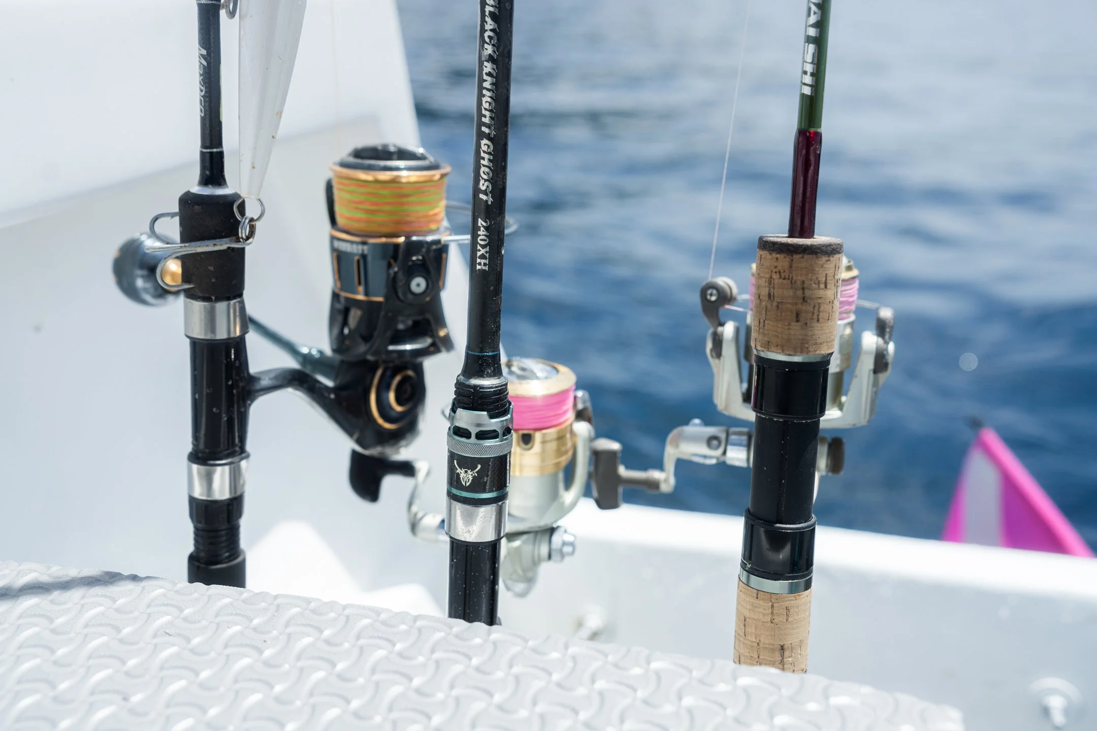 Close-up of premium fishing equipment on board