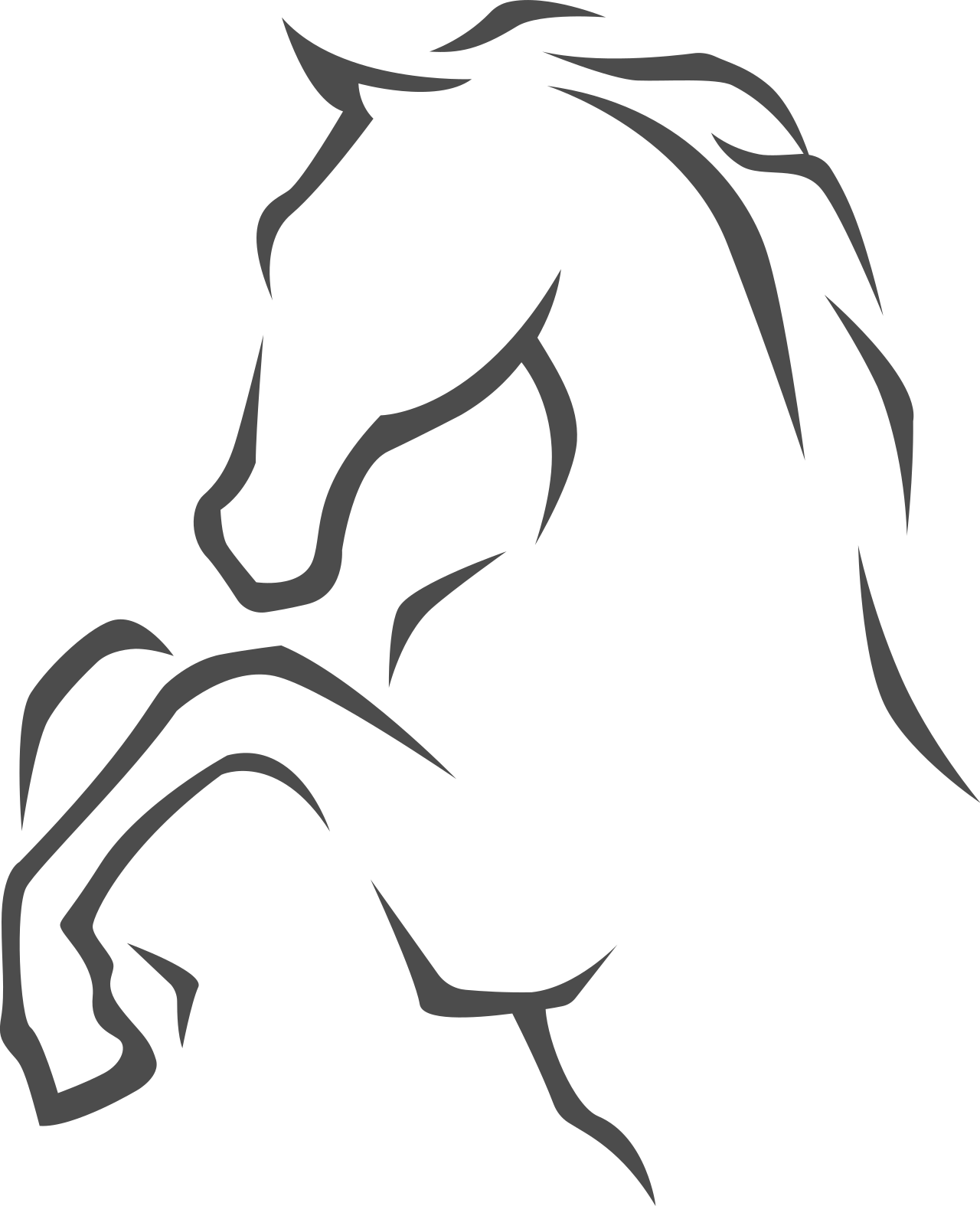 Outline drawing of a horse's head with flowing mane, holding a hoof in its mouth.