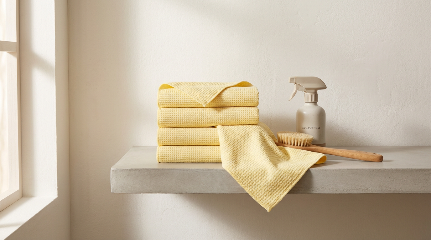 Stack of yellow towels with a matching cloth, a brush, a spray bottle labeled "All-Purpose," and a cleaning brush on a light gray surface near a window.