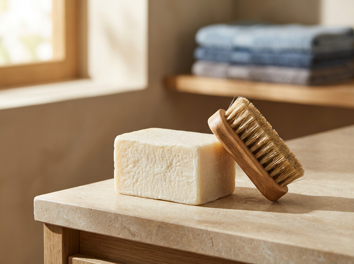 A bar of soap and a wooden scrub brush resting on a wooden surface, with folded towels and a window in the background