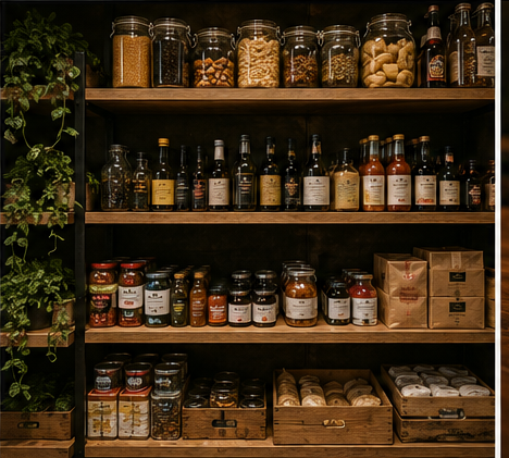 Wooden shelves filled with jars and bottles of spices, sauces, and other food items, with a green plant on the left side.