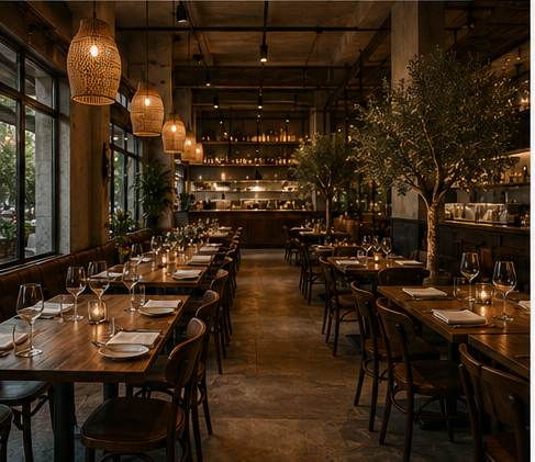 Interior of a cozy restaurant with wooden tables set for dining, wine glasses, candles, large windows, hanging pendant lights, and decorative trees.