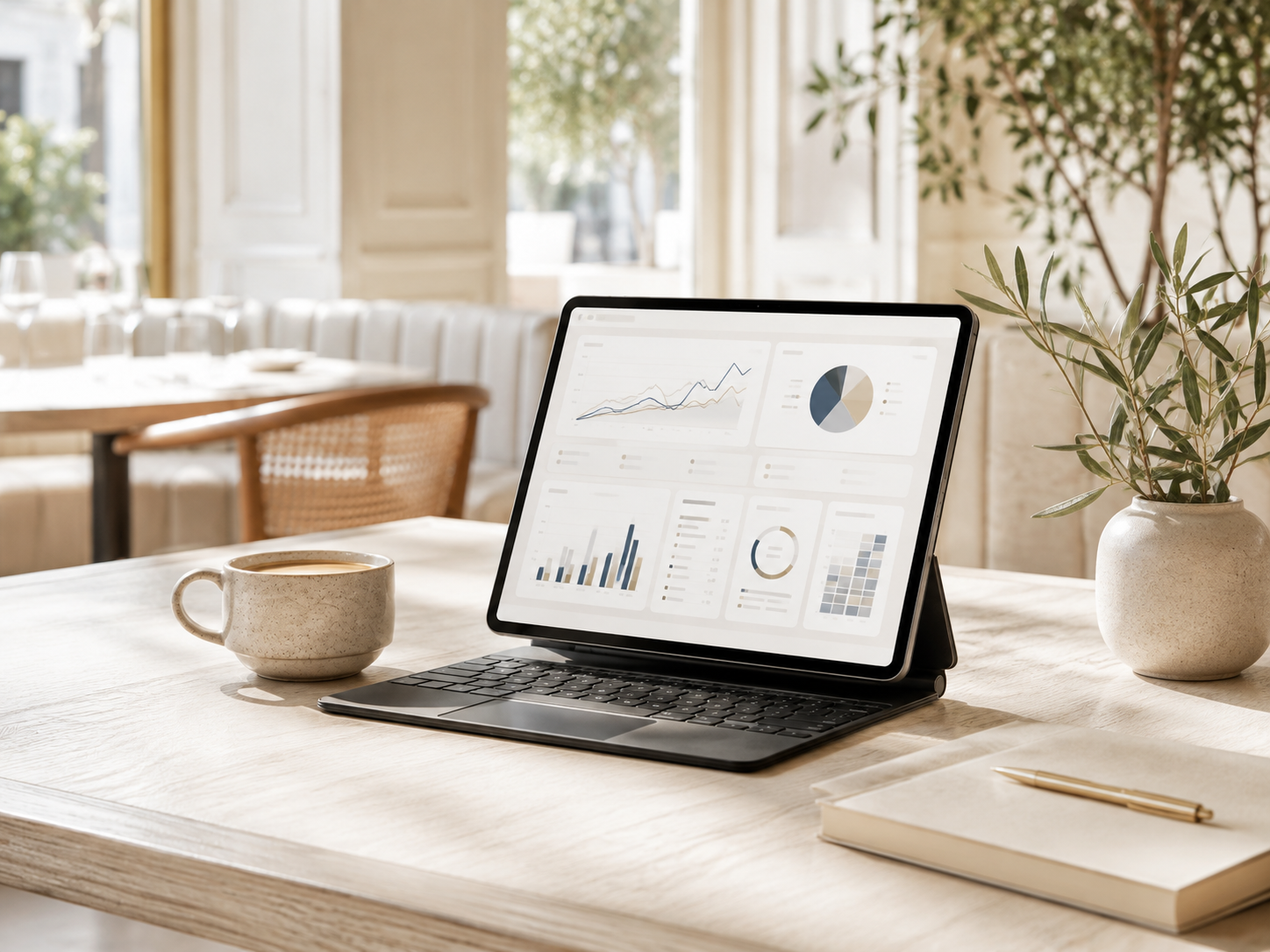 A workspace setup with a tablet displaying analytics graphs and charts, a notebook with a pen, a coffee mug, and a potted plant on a wooden table in a bright restaurant or cafe setting with large windows and greenery outside.