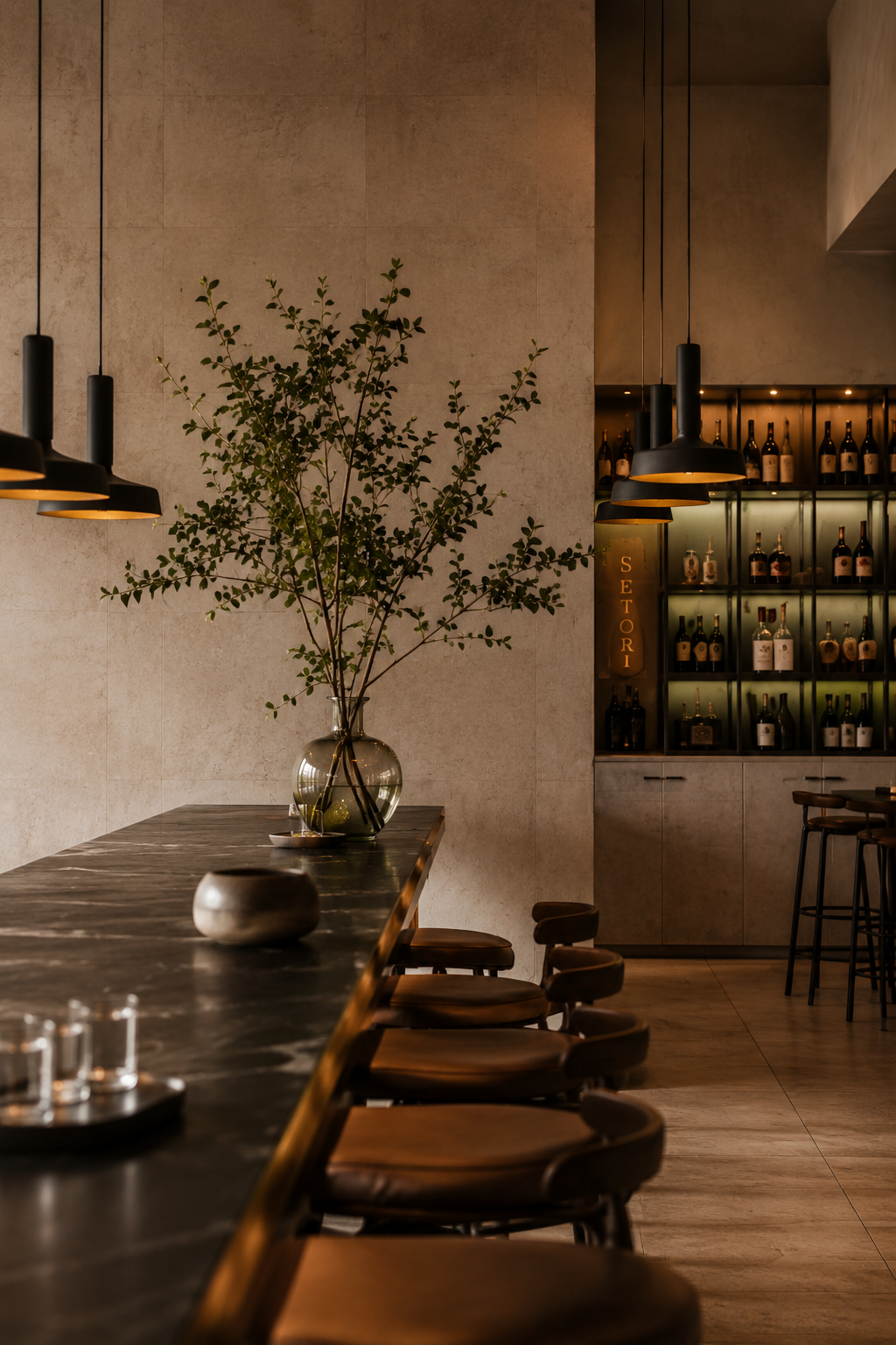 Interior of a modern bar or restaurant with a long black marble countertop, wooden barstools, a large glass vase with green branches, black pendant lights, and a backlit wine display.