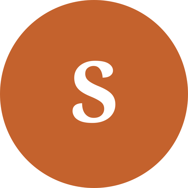 A circular icon with a brown background and a white letter 'S' in the center.