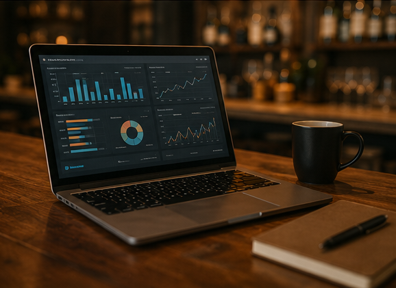 Laptop displaying business analytics graphs, a cup of coffee, a closed notebook, and a pen on a wooden table in a cozy cafe or office setting.