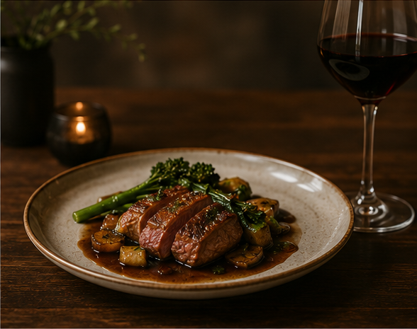 Steak with green vegetables and mushrooms on a plate, a glass of red wine, and a candle on a wooden table.