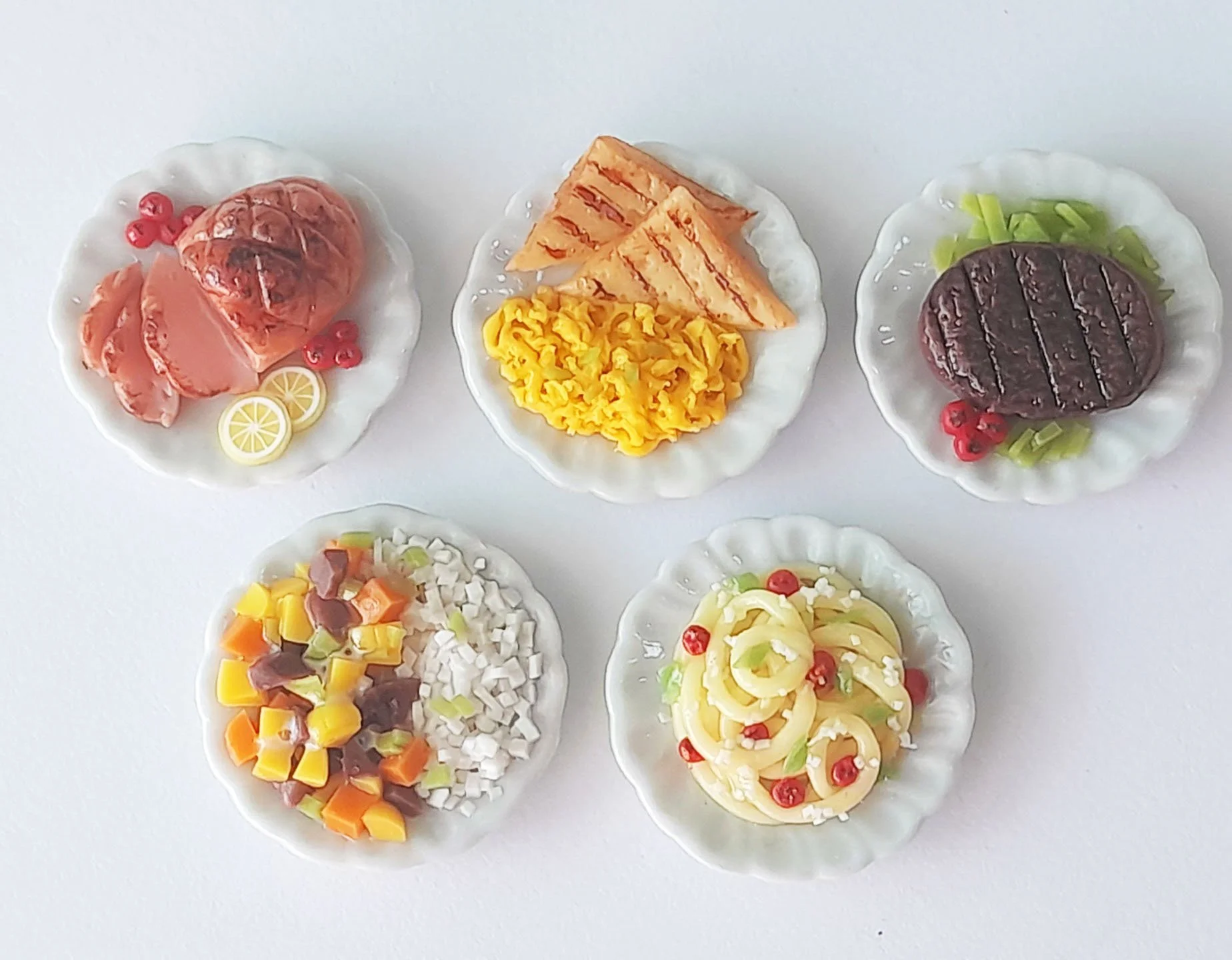 Dollhouse Miniature Mixed Food on Ceramic Plates Set: Handmade Clay Food on 1-inch Ceramic Plate