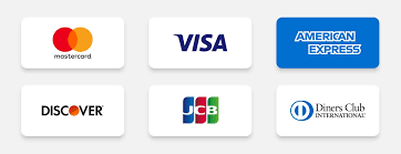 Collection of six credit card logos, including Mastercard, Visa, American Express, Discover, JCB, and Diners Club International.