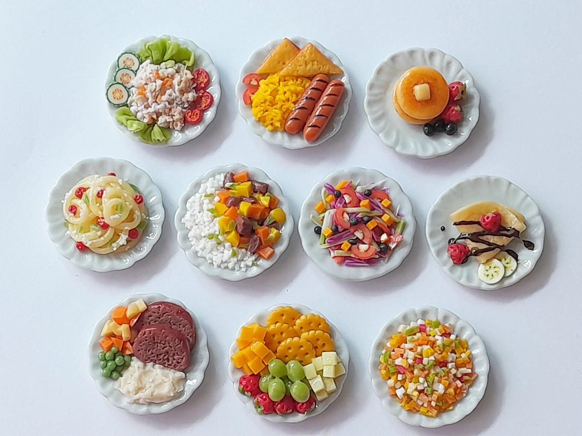 Dollhouse Miniature Mixed Food on Ceramic Plates Set: Handmade Clay Food on 1-inch Ceramic Plate