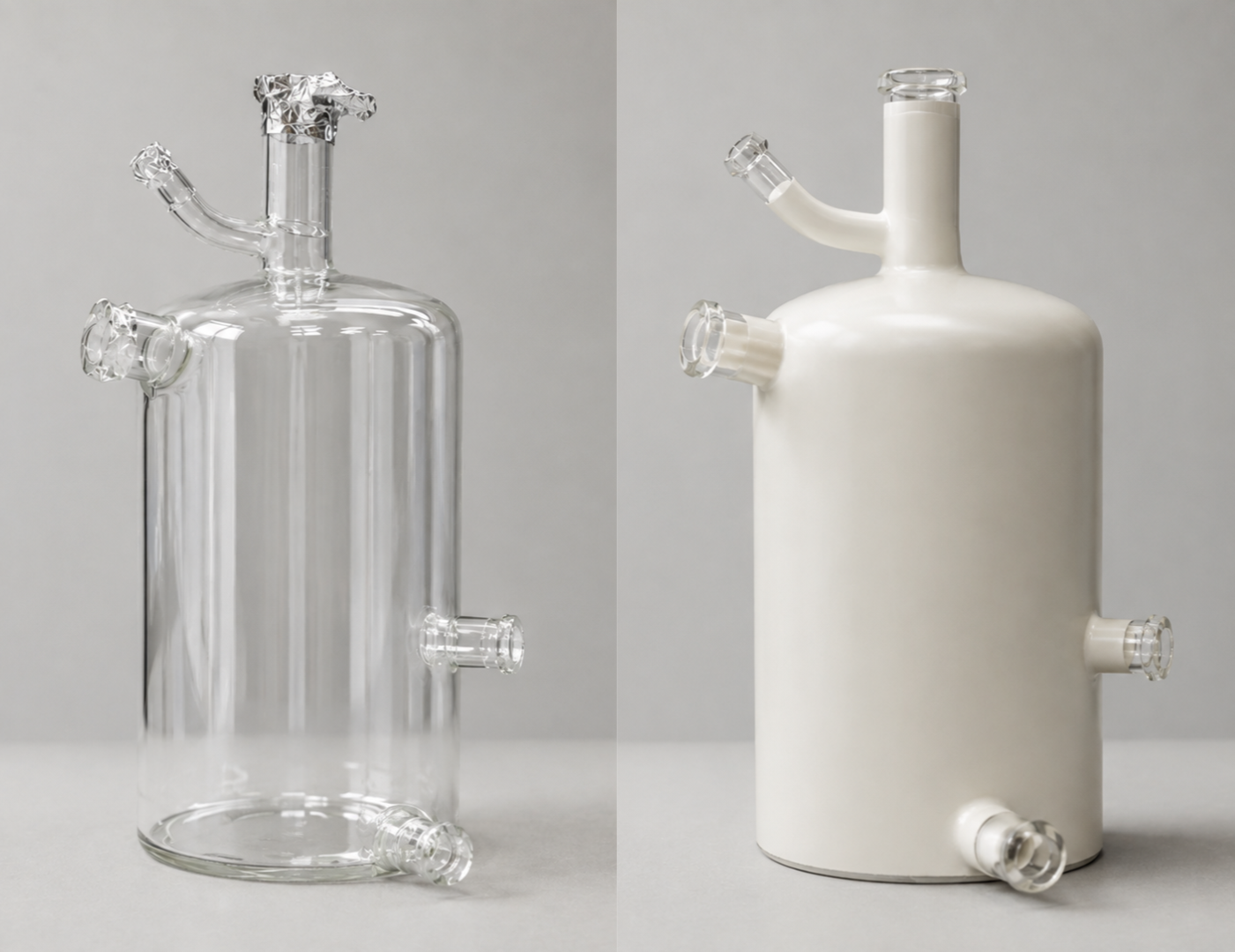 Vergleich zwischen einem transparenten, leeren Glas- oder Kristallbehälter auf der linken Seite und einem weißen, beschichteten Behälter auf der rechten Seite, beide mit mehreren Ein- und Ausgängen.
