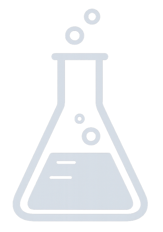 Illustration eines chemischen Reagenzglases mit blauer Flüssigkeit, umgeben von kleinen Kreisen, die chemische Elemente oder Moleküle darstellen.