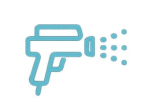 Illustration eines blauen Heißklebepistolen-Symbols, das Klebstoff sprüht.