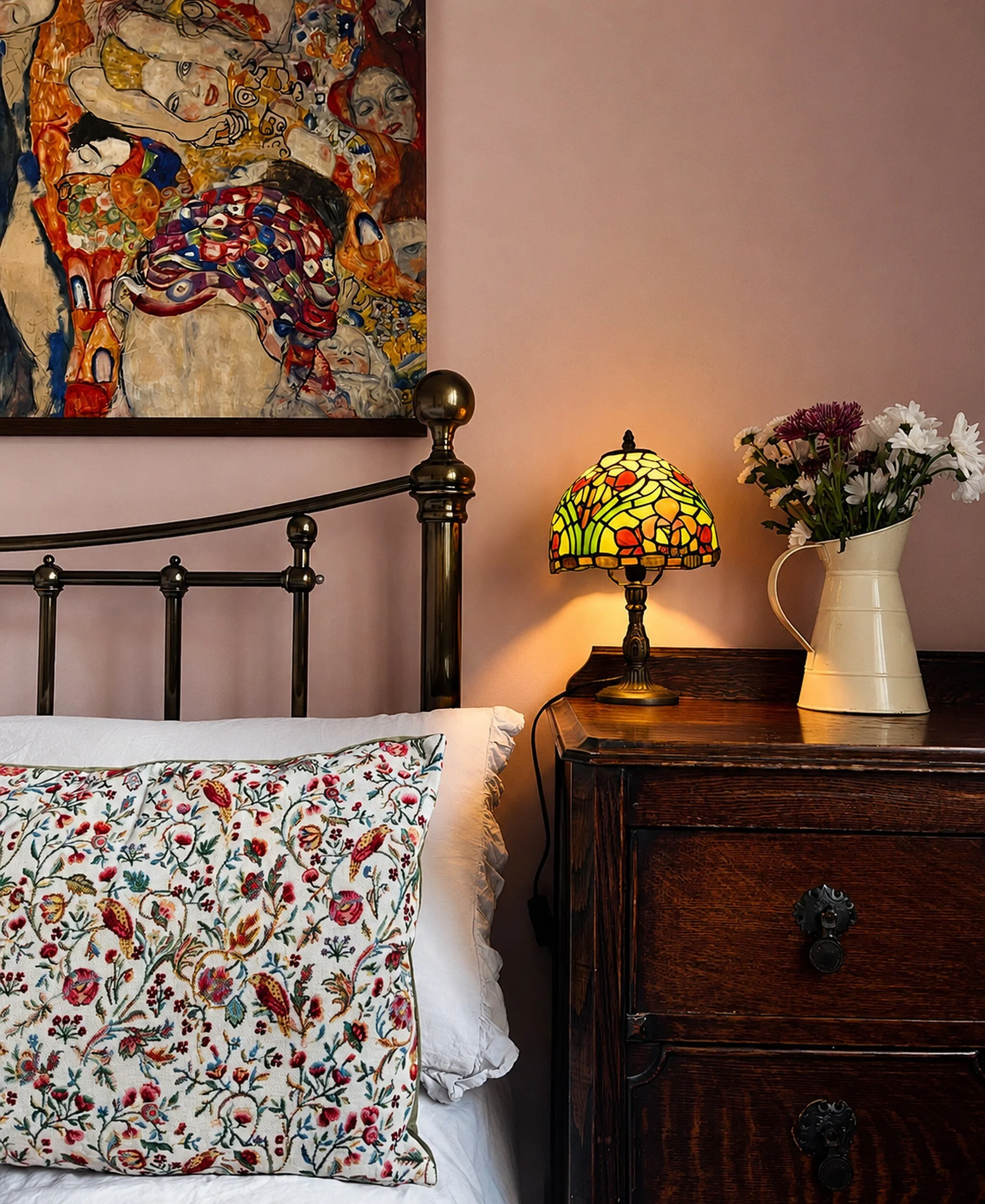 Bedroom walls painted in a warm Setting Plaster pink.