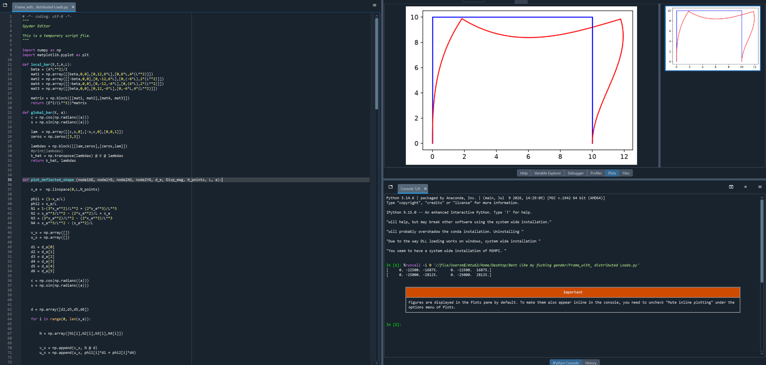 Python code for determining the displacement of frame elements.
