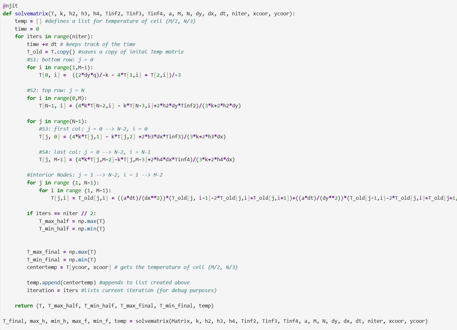 Code to create a heatmap of 2D Heat Transfer on a steel plate using Finite Difference Methods