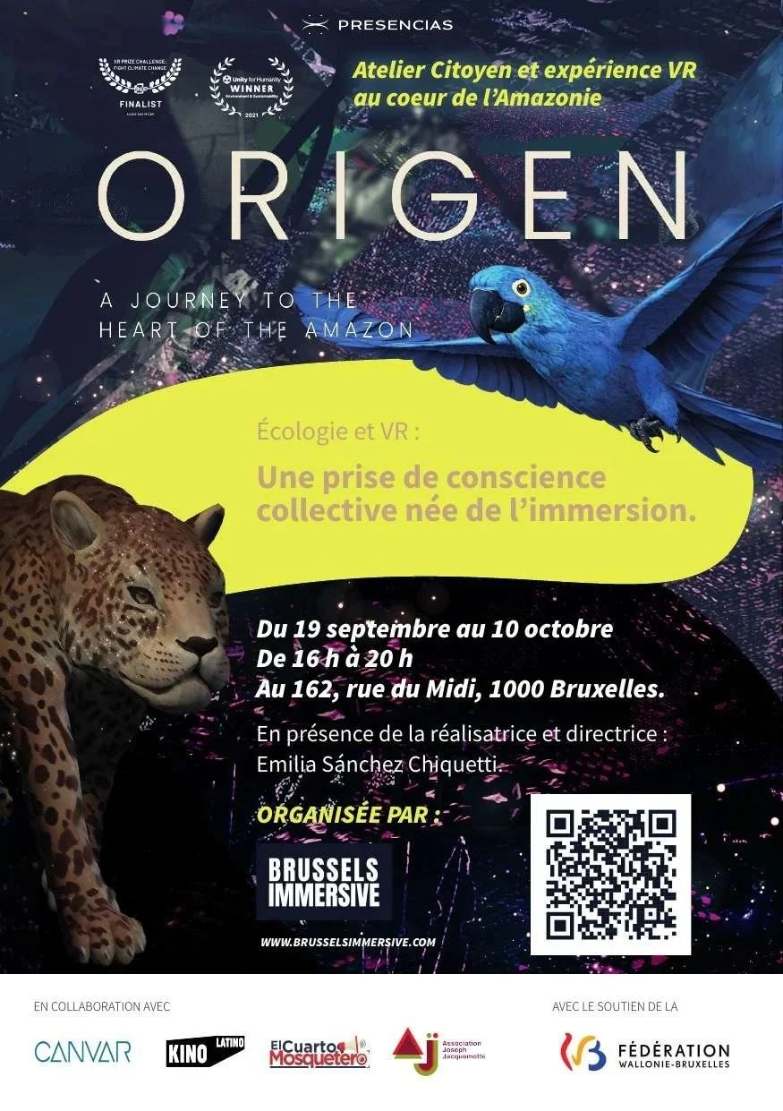 Affiche de l'événement intitulé "ORIGEN" montrant un grand perroquet bleu et un léopard, avec des détails sur une immersion VR au cœur de l'Amazonie organisée par Bruxelles Immersive, avec les dates, l'heure, le lieu et les partenaires de l'événement.