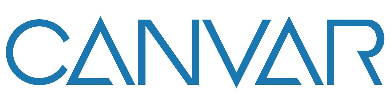 Logo avec le mot 'CANVAR' en lettres majuscules bleues stylisées.