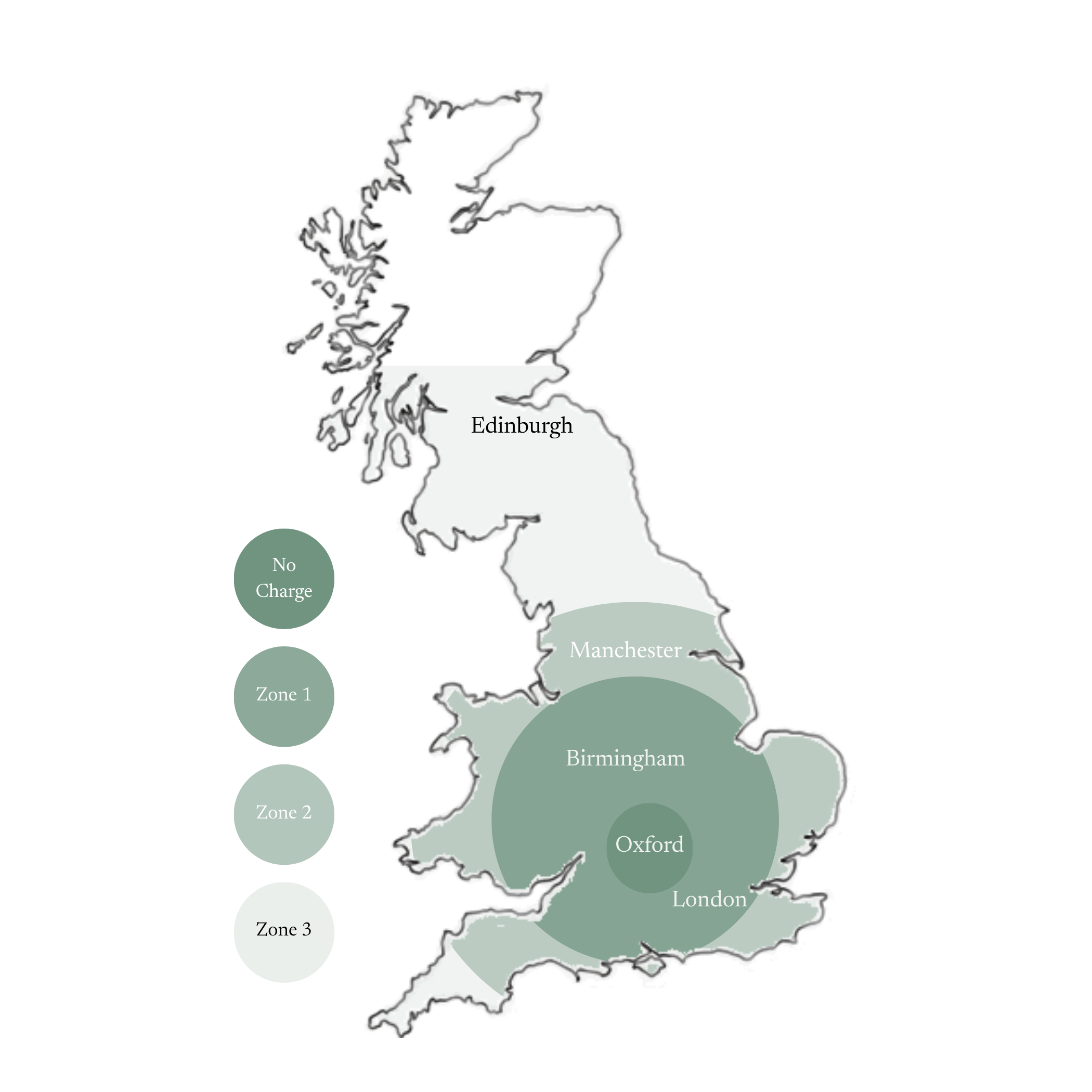 Map of the Britain indicating travel zone charges.