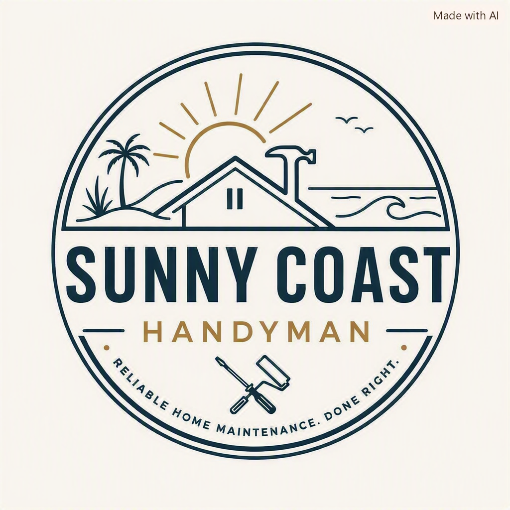Logo for Sunny Coast Handyman featuring a sun, house, palm trees, ocean waves, birds, and tools, with the motto 'Reliable home maintenance. Done right.'