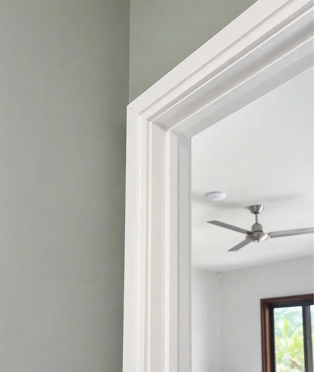 Part of an indoor doorway with white trim, showing a ceiling fan and window inside a room.