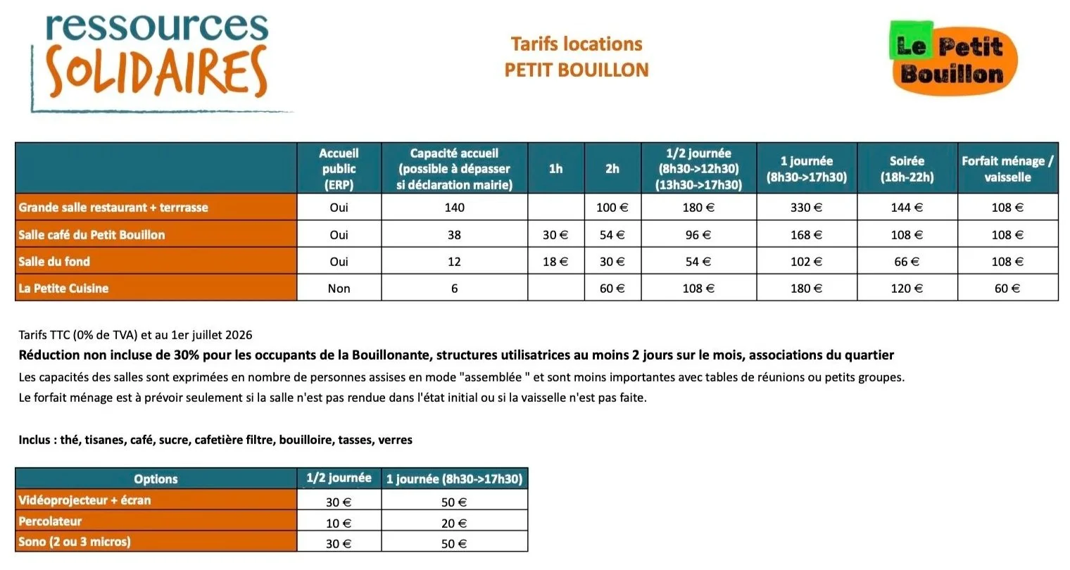 Tableau présentant les tarifs pour différentes salles dans un centre de ressources solidaires, incluant les options de réservation, capacités, horaires, prix et équipements additionnels, avec des couleurs orange et bleu pour distinguer les informations.