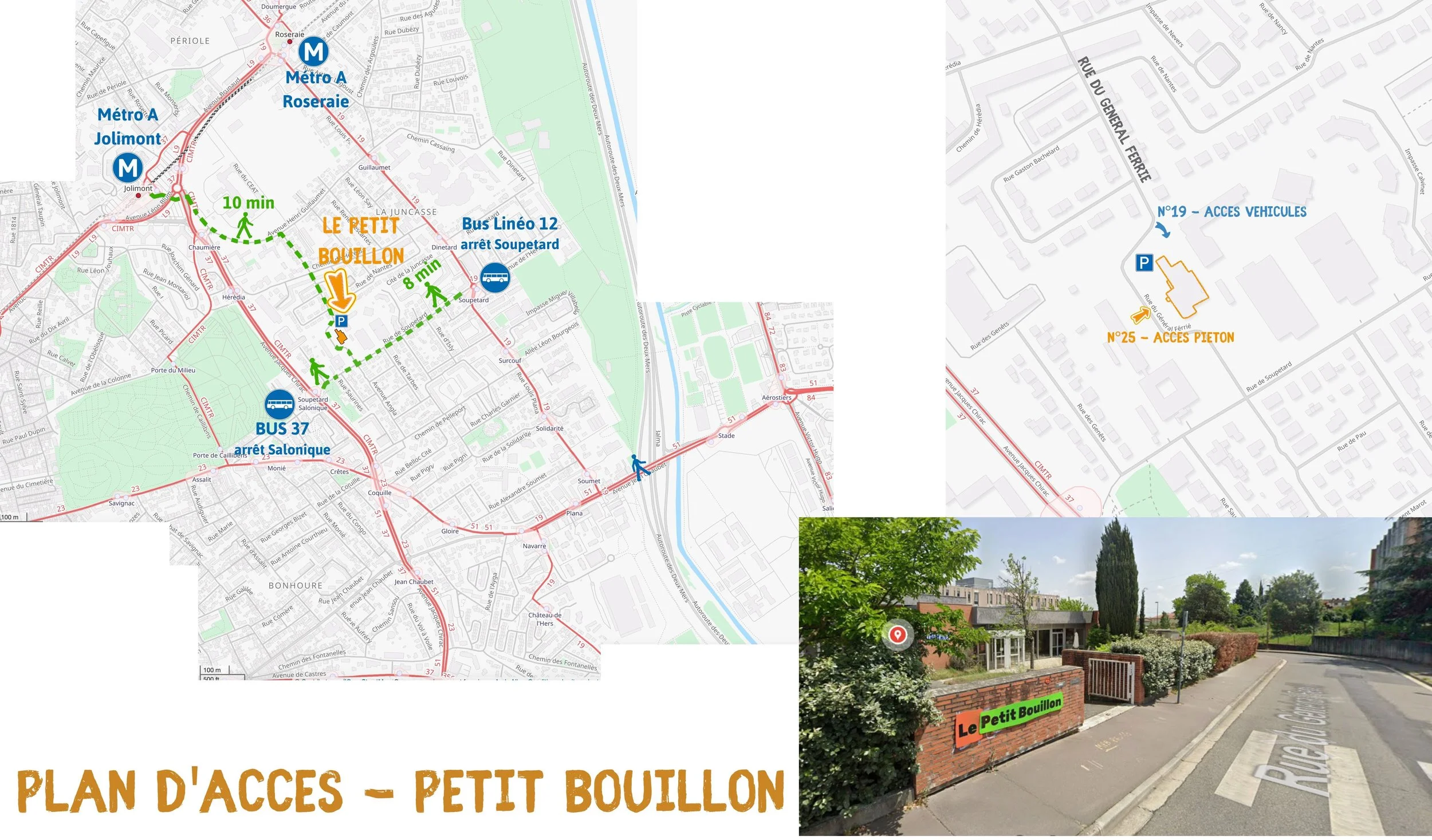 Carte illustrant l'accès au Petit Bouillon, avec indicateurs du temps de marche, arrêts de bus et accès véhicules et piétons, accompagné de photos de la façade et de l'entrée de l'établissement