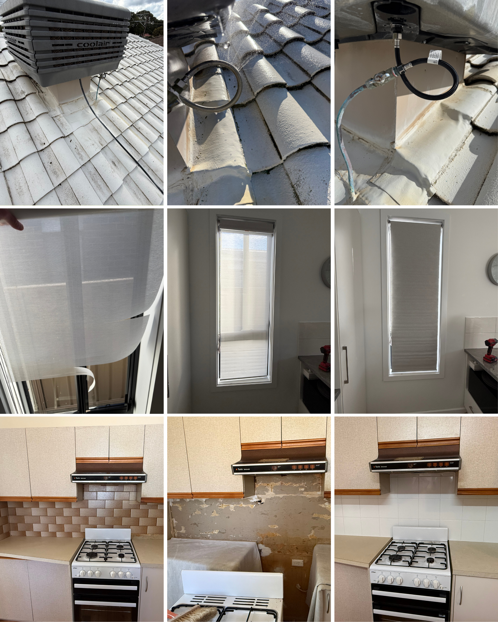 Before and after images showing kitchen renovations including stove installation, wall paint, window blinds, and kitchen cabinets.