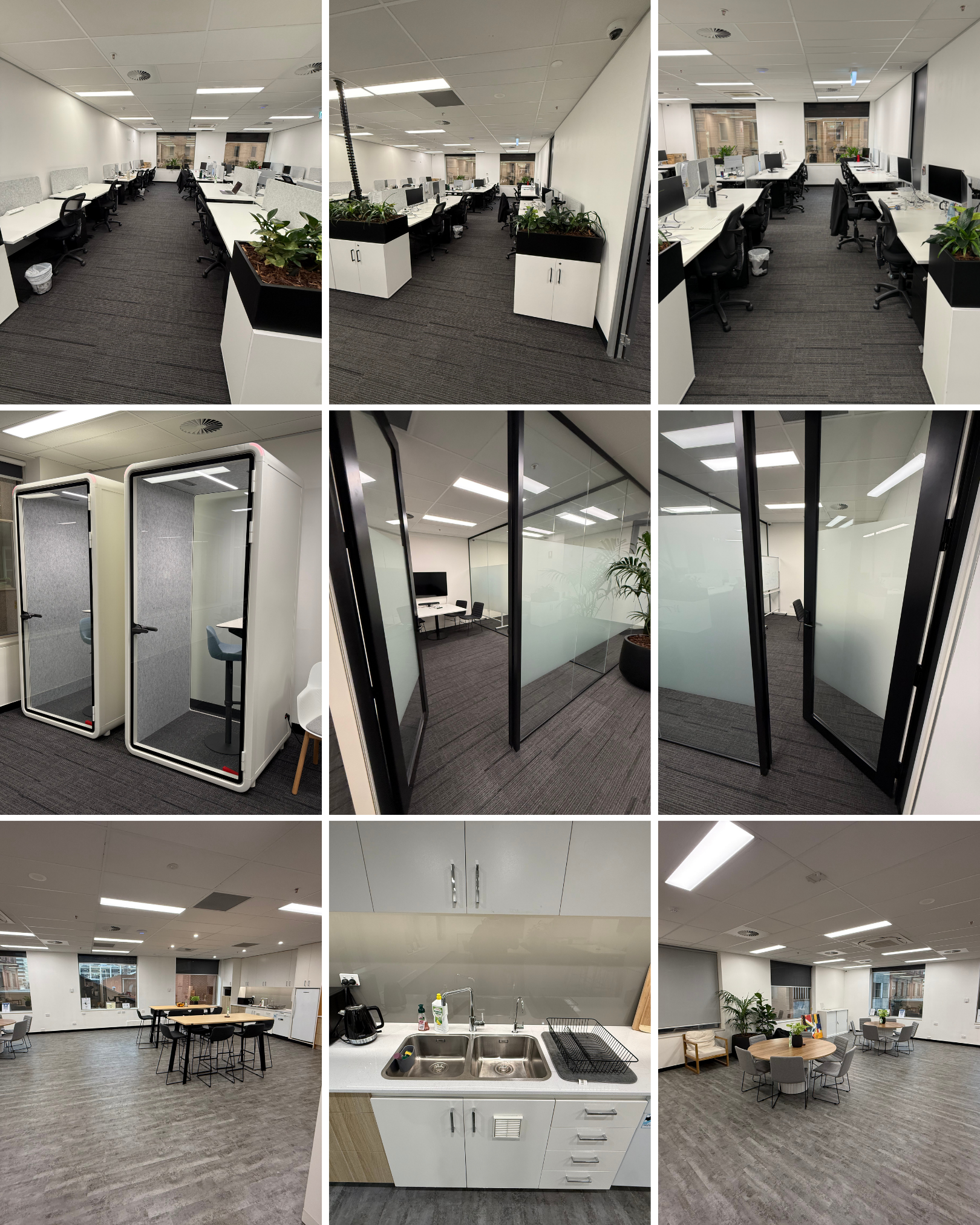 Images of modern office spaces, including open work areas with desks and chairs, private meeting rooms with glass walls, a kitchen with a sink and appliances, and a dining area with tables and chairs. The office features white walls, gray carpet floo