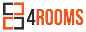 Logo for 4Rooms featuring a stylized number four and the word 'ROOMS' in bold red and black text.