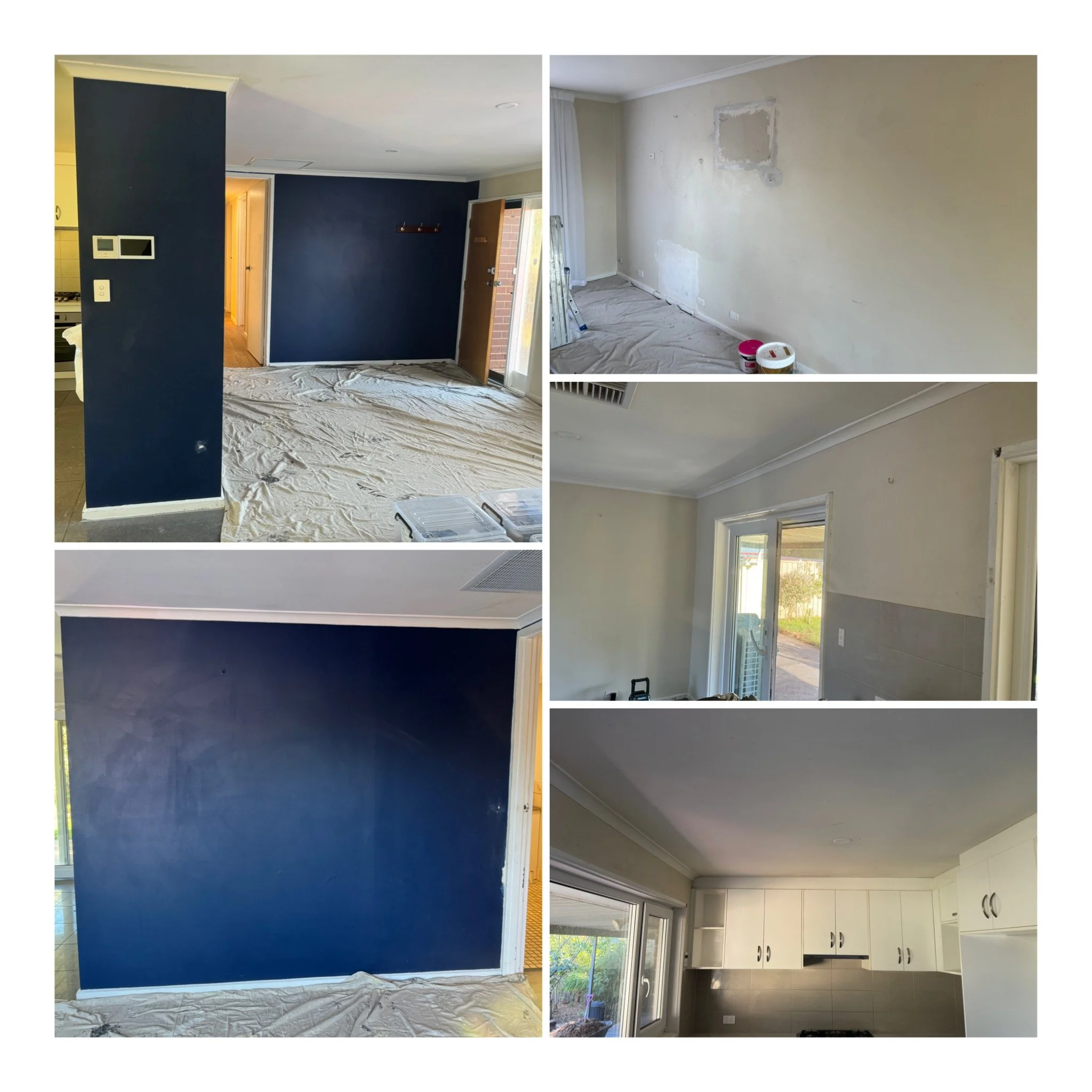 Comparison of two interior rooms. The left shows a renovated room with navy blue accent wall, modern door, and protected floor. The right shows an unfinished room with unpainted walls, painting supplies, and plastic covering on the floor.